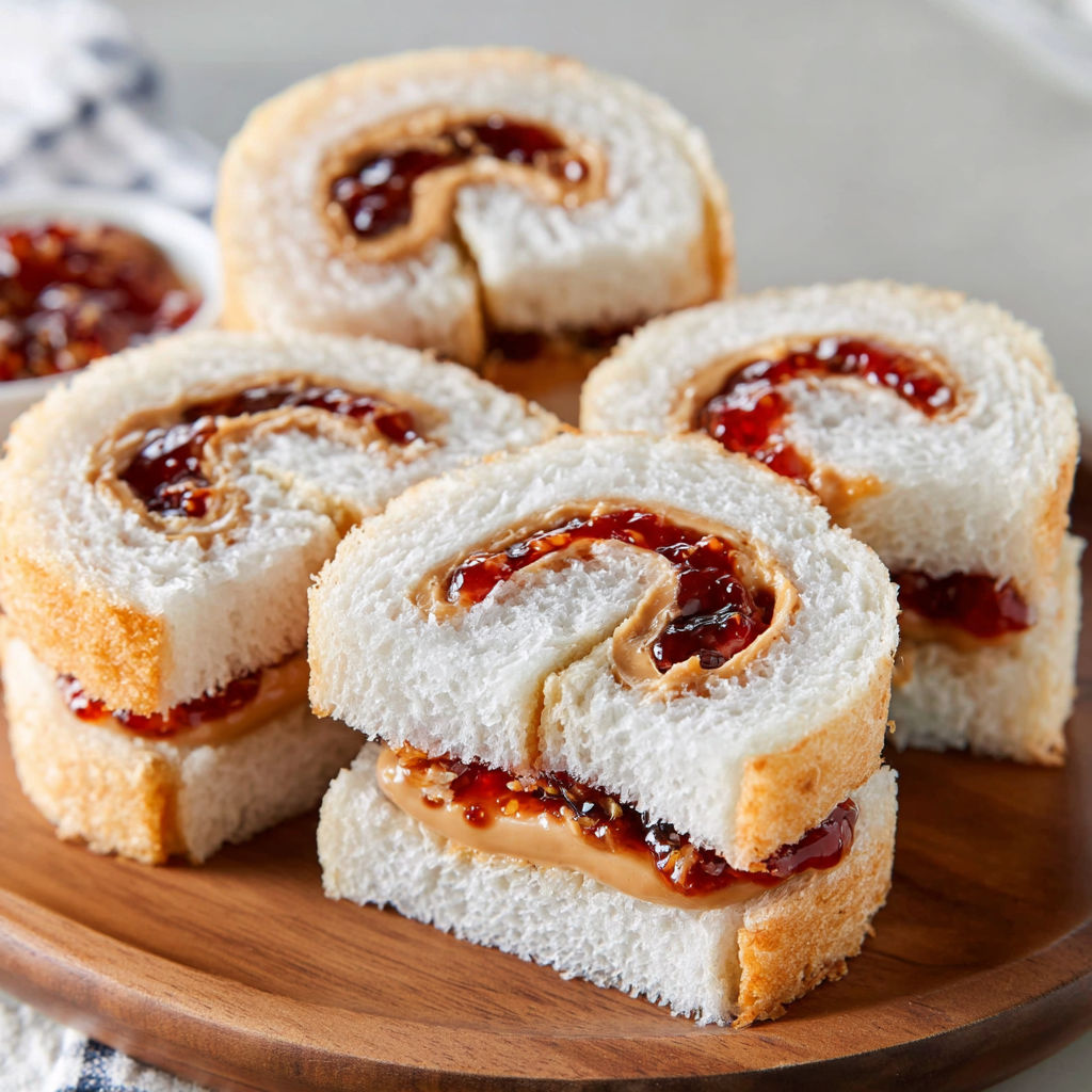 A plate of peanut butter and jelly sushi rolls.