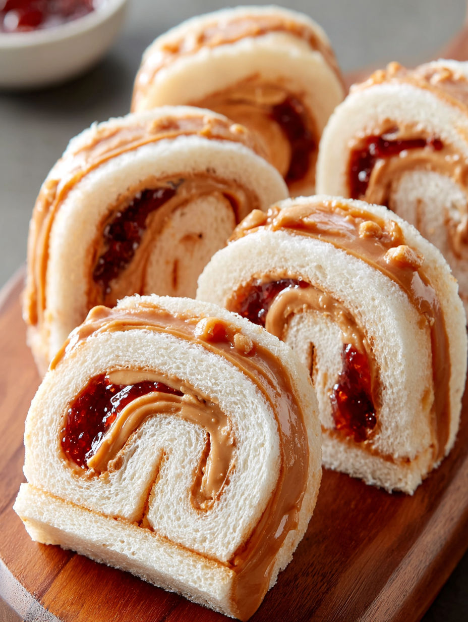 A plate of peanut butter and jelly sushi rolls.
