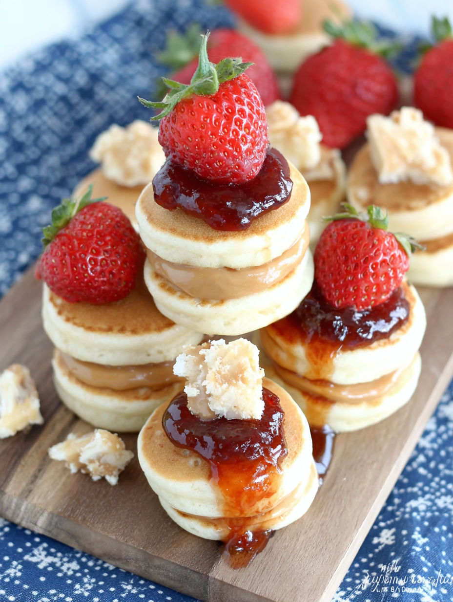 A stack of pancakes with strawberries and peanut butter on top.