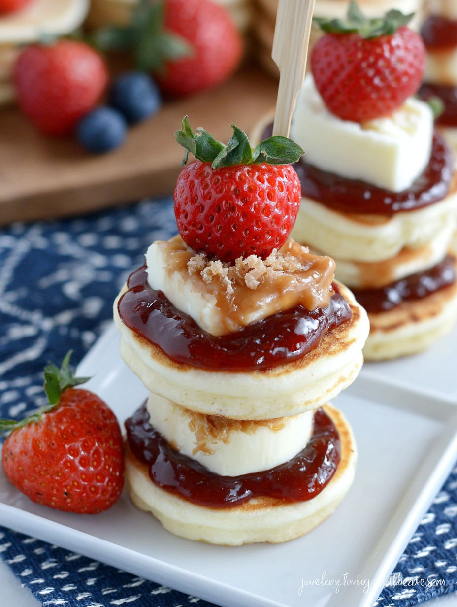 A stack of pancakes with strawberries and bananas on top.