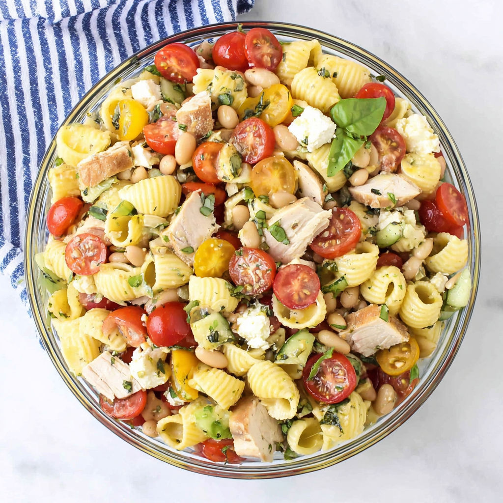 A bowl of pasta salad with chicken, tomatoes, beans, and cheese.