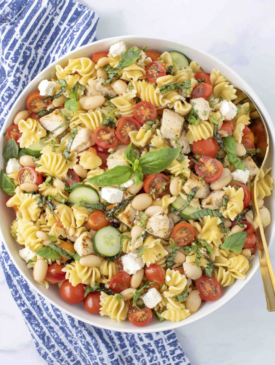 A bowl of pasta with tomatoes, beans, and spinach.