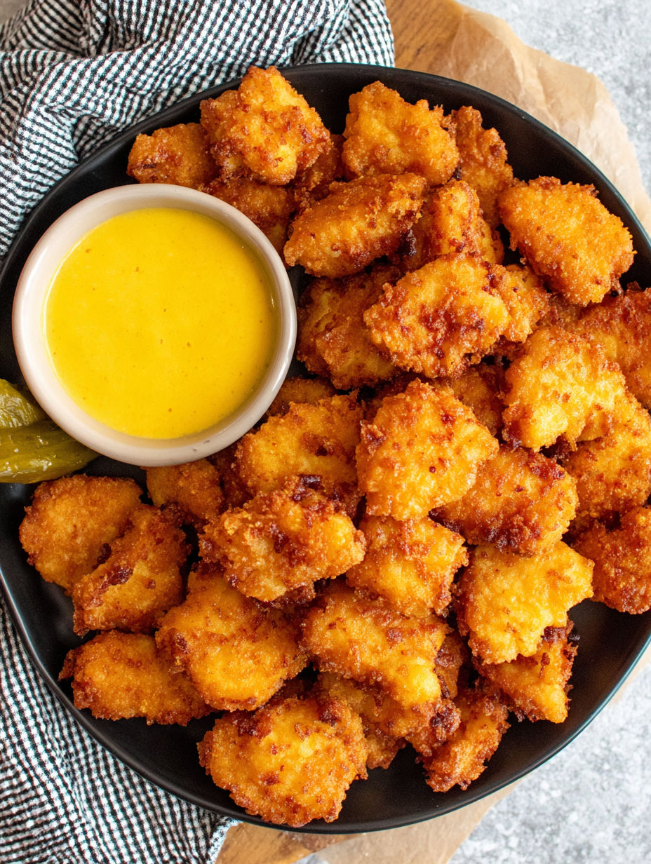 A bowl of fried chicken with a dipping sauce.