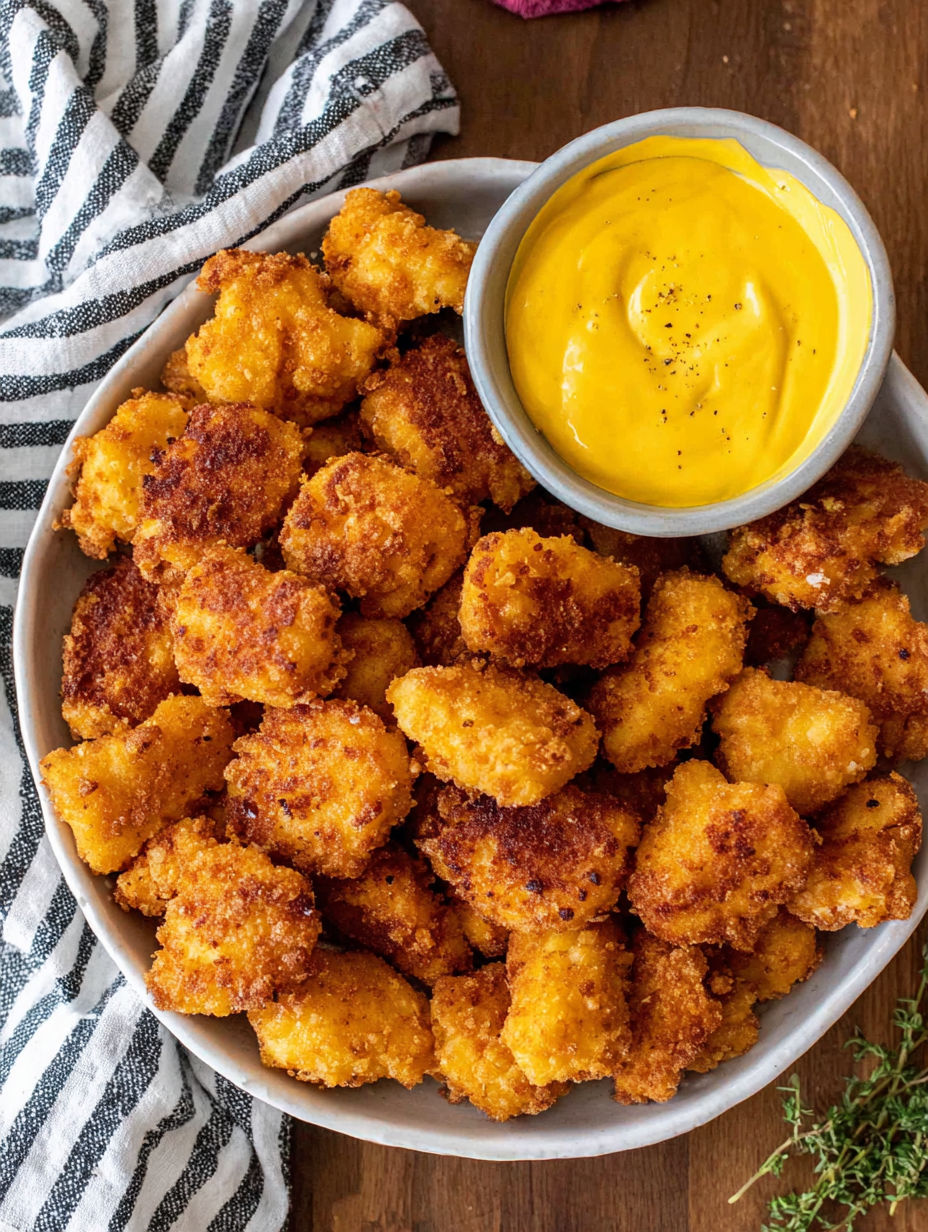 A bowl of fried chicken with a dipping sauce.