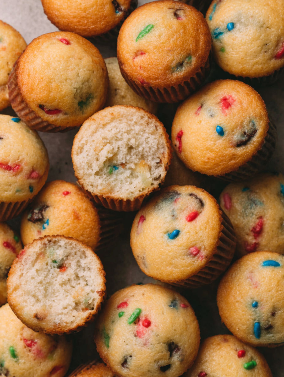 Mini muffins with chocolate chips and rainbow sprinkles.