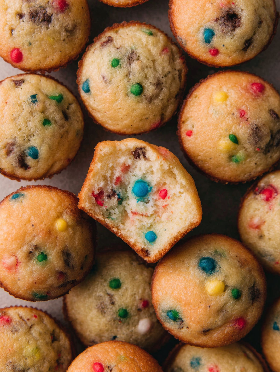 A variety of colorful muffins on a table.