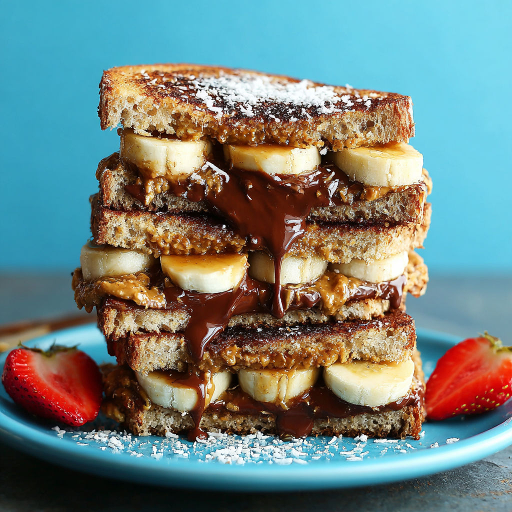 A stack of grilled banana sandwiches with Nutella and chocolate.