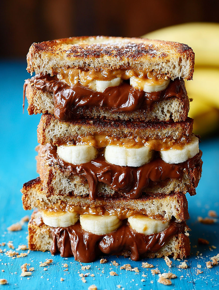 A stack of grilled banana sandwiches with Nutella.