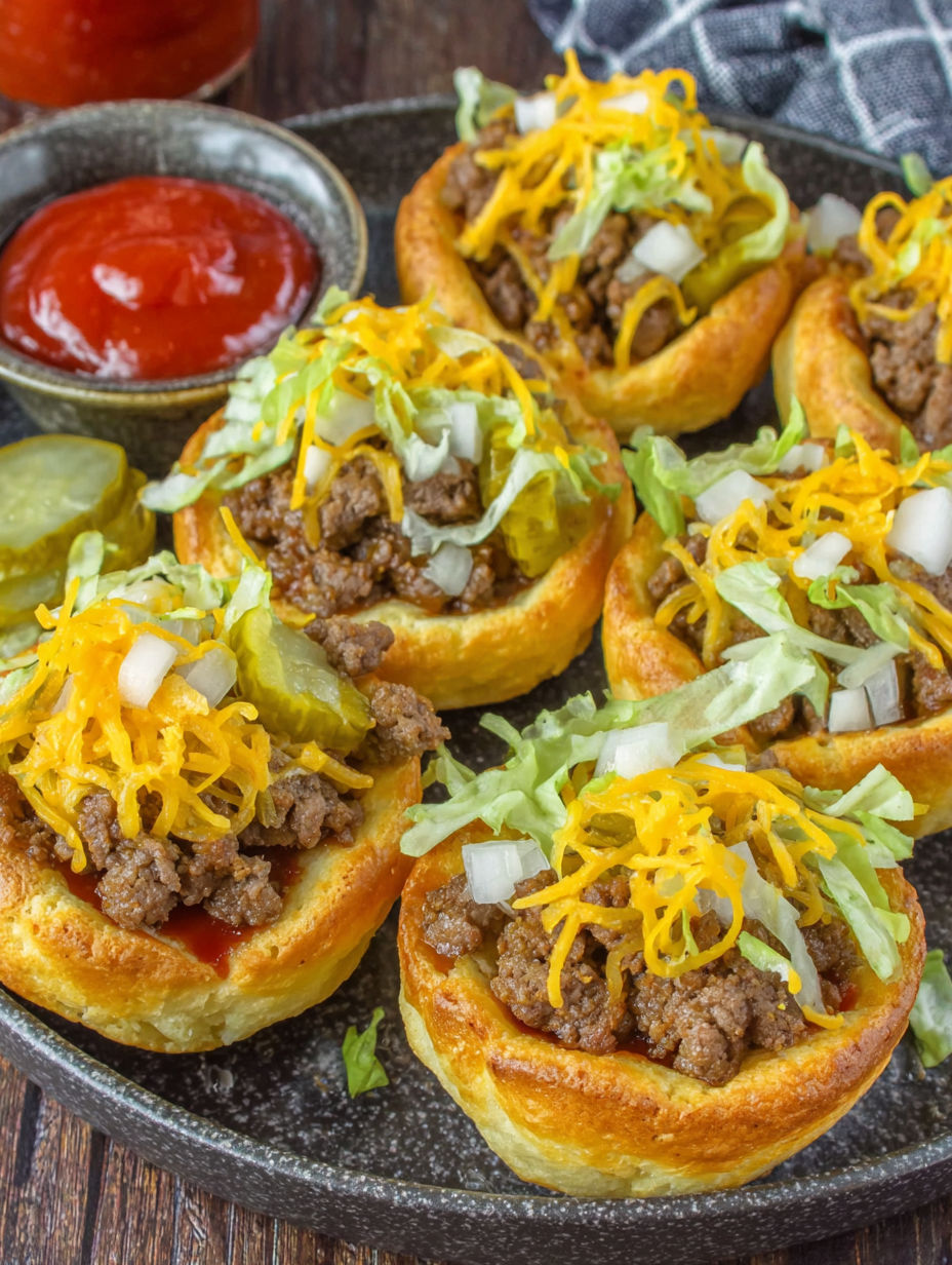 A plate of cheeseburger cups with lettuce and cheese.