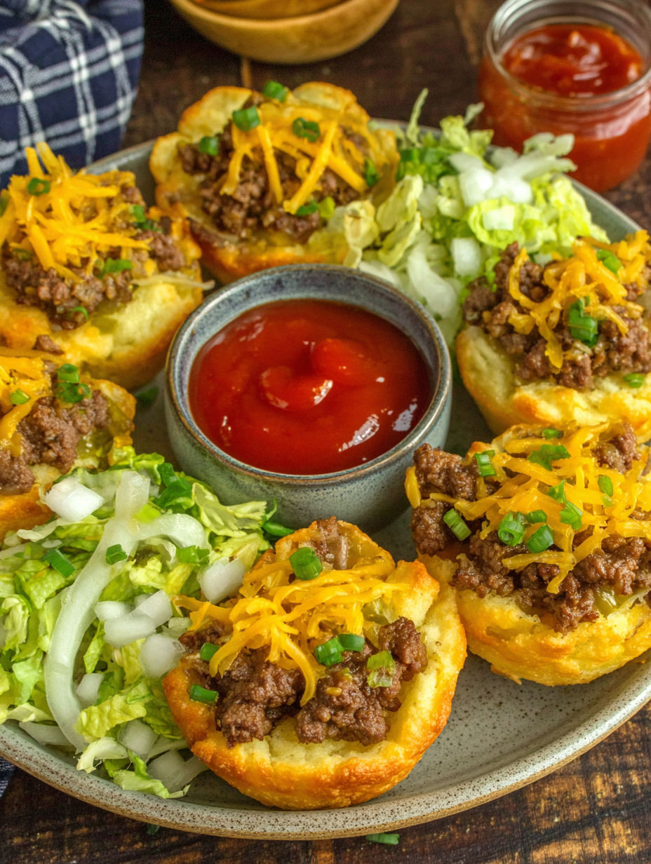 A plate of cheeseburger cups with ketchup.
