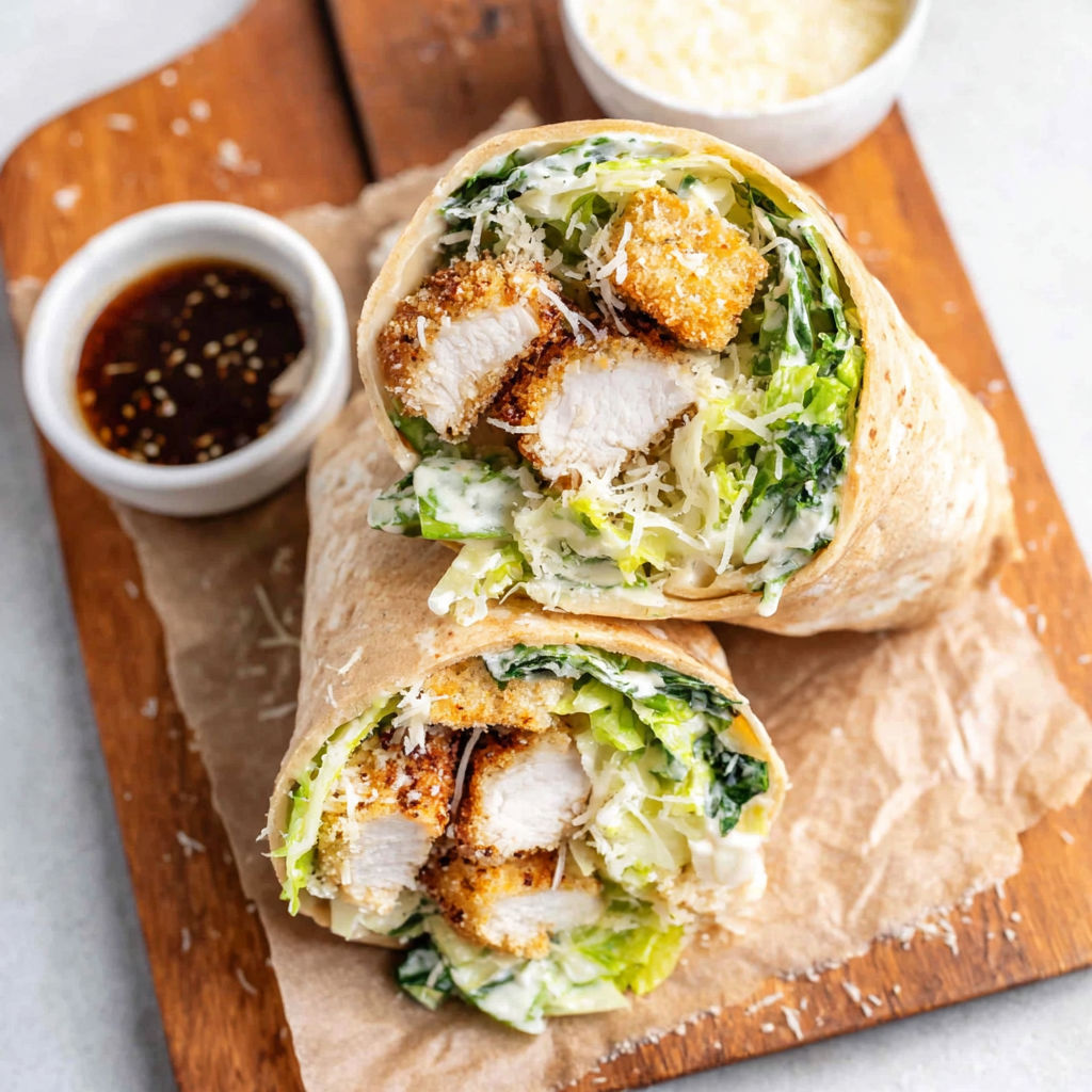 A chicken caesar wrap is displayed on a wooden cutting board.