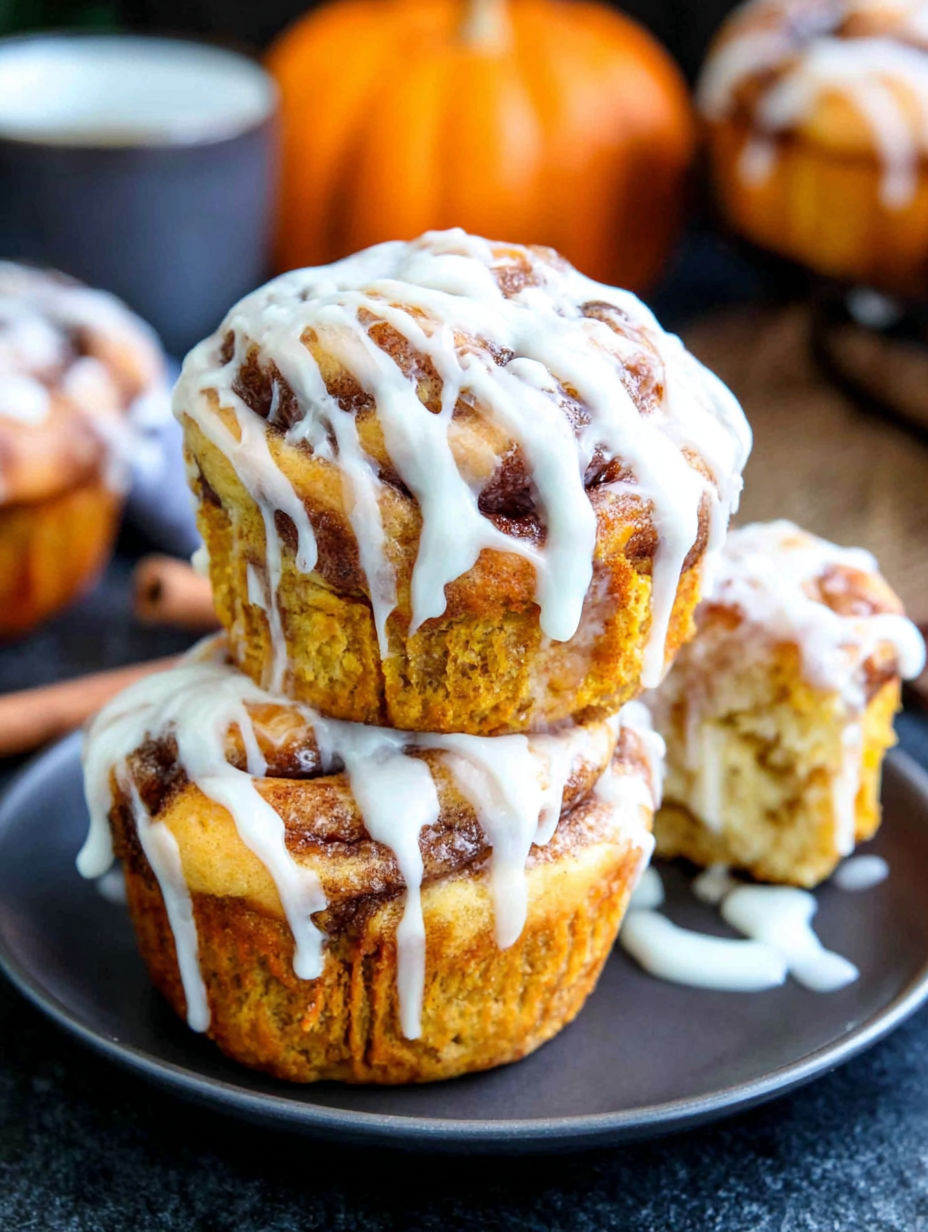A stack of three cinnamon rolls with white icing.
