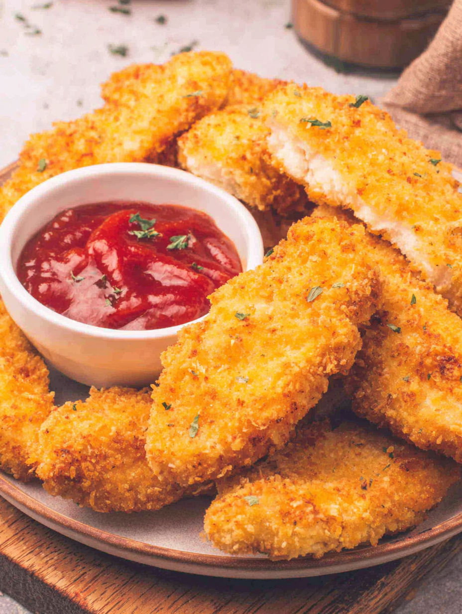 A plate of homemade chicken tenders with a bowl of ketchup.
