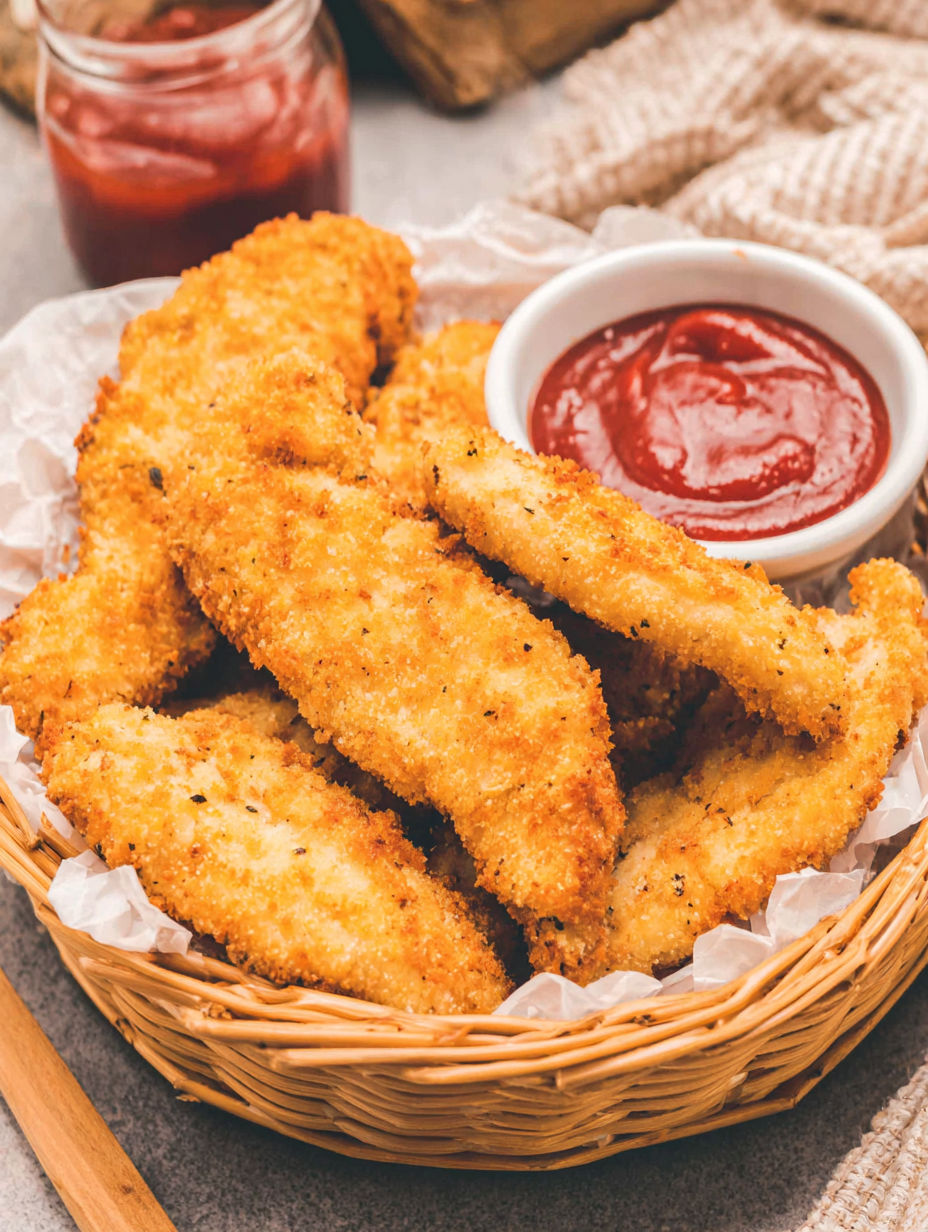 A basket of homemade chicken tenders with ketchup.