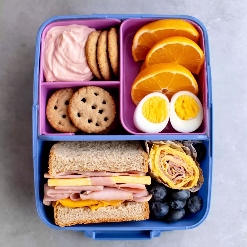 A kid's lunch box with a variety of foods including a sandwich, cookies, fruit, and eggs.