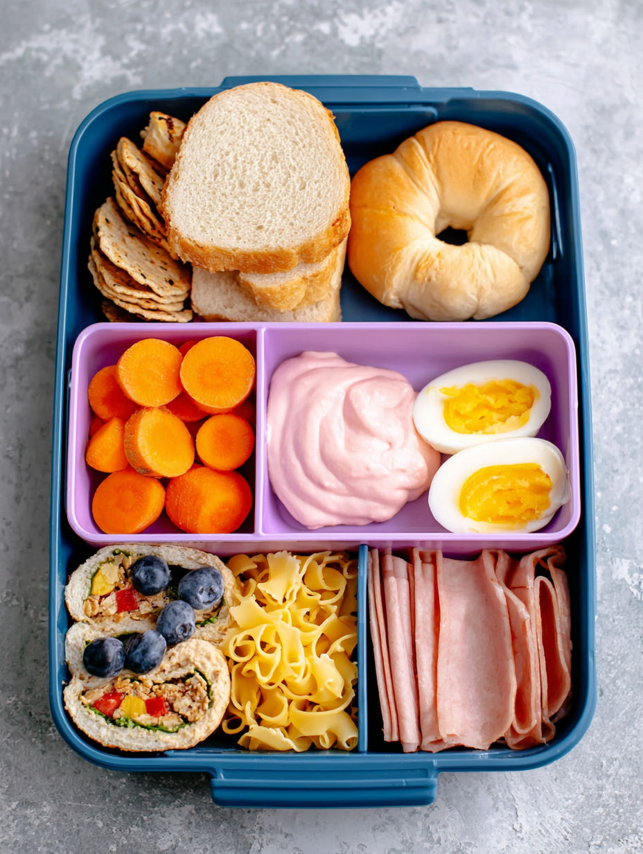 A blue tray with a variety of food items including eggs, bread, carrots, and a bagel.