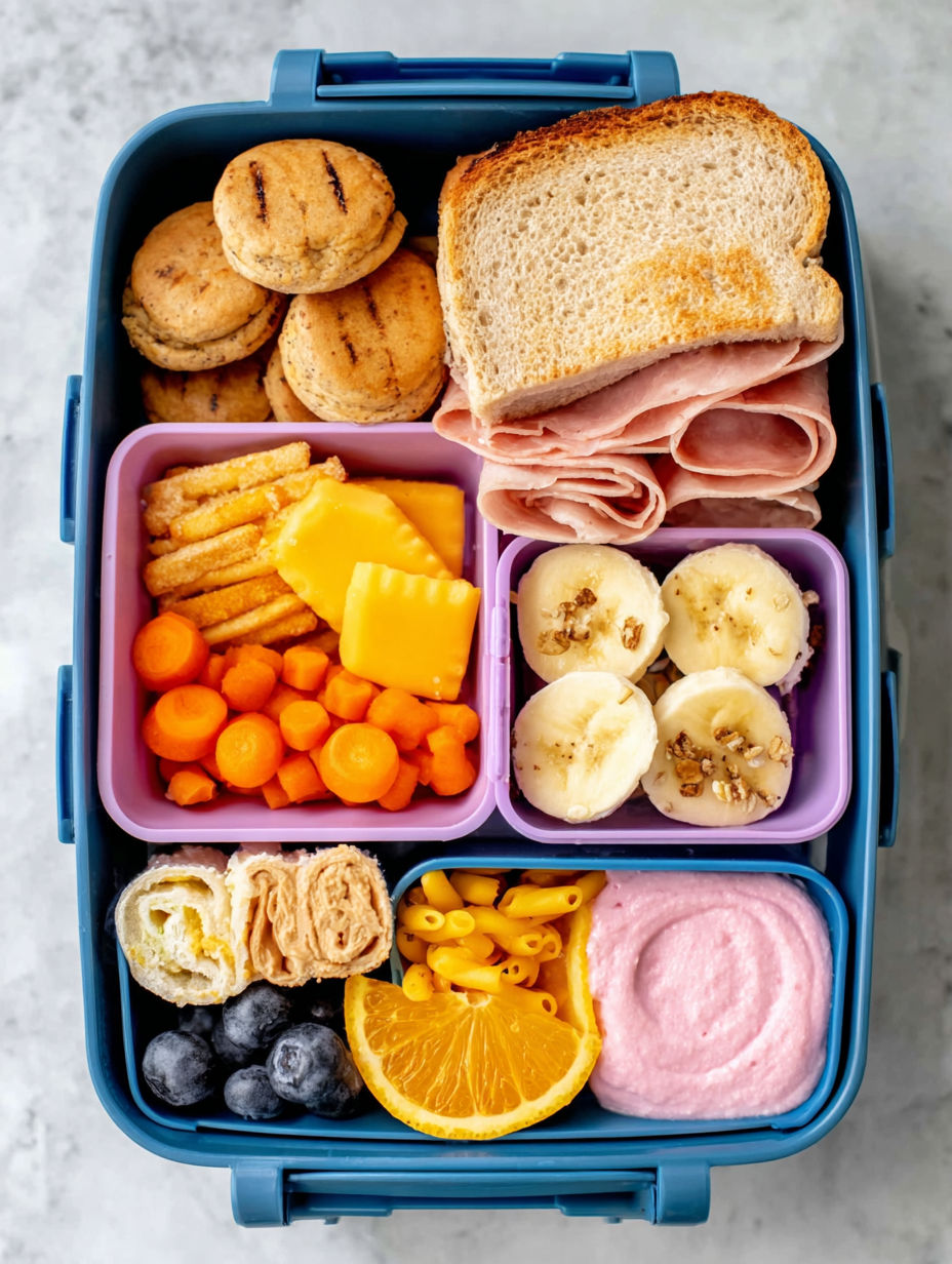 A blue lunch box with a variety of food items.