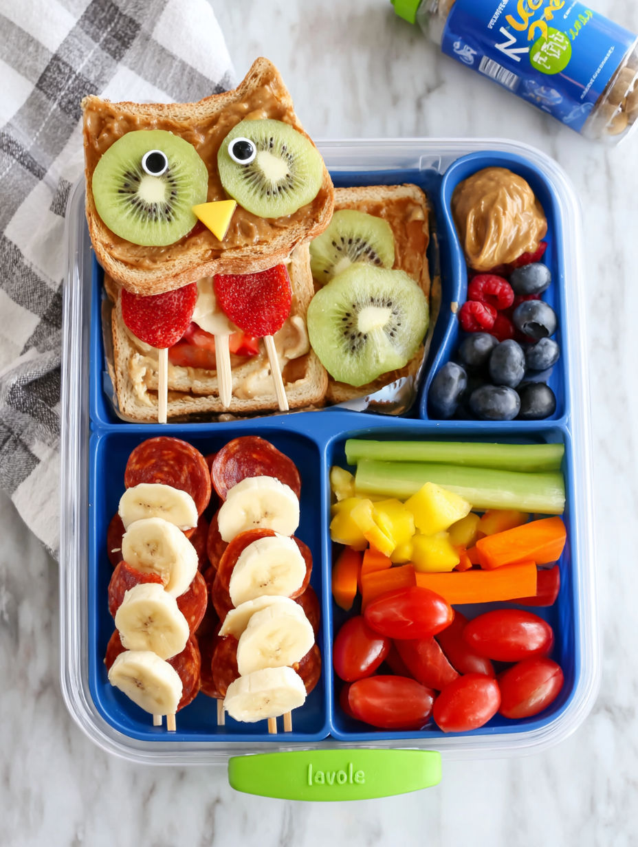 A fun lunch box with a banana, kiwi, and carrots.