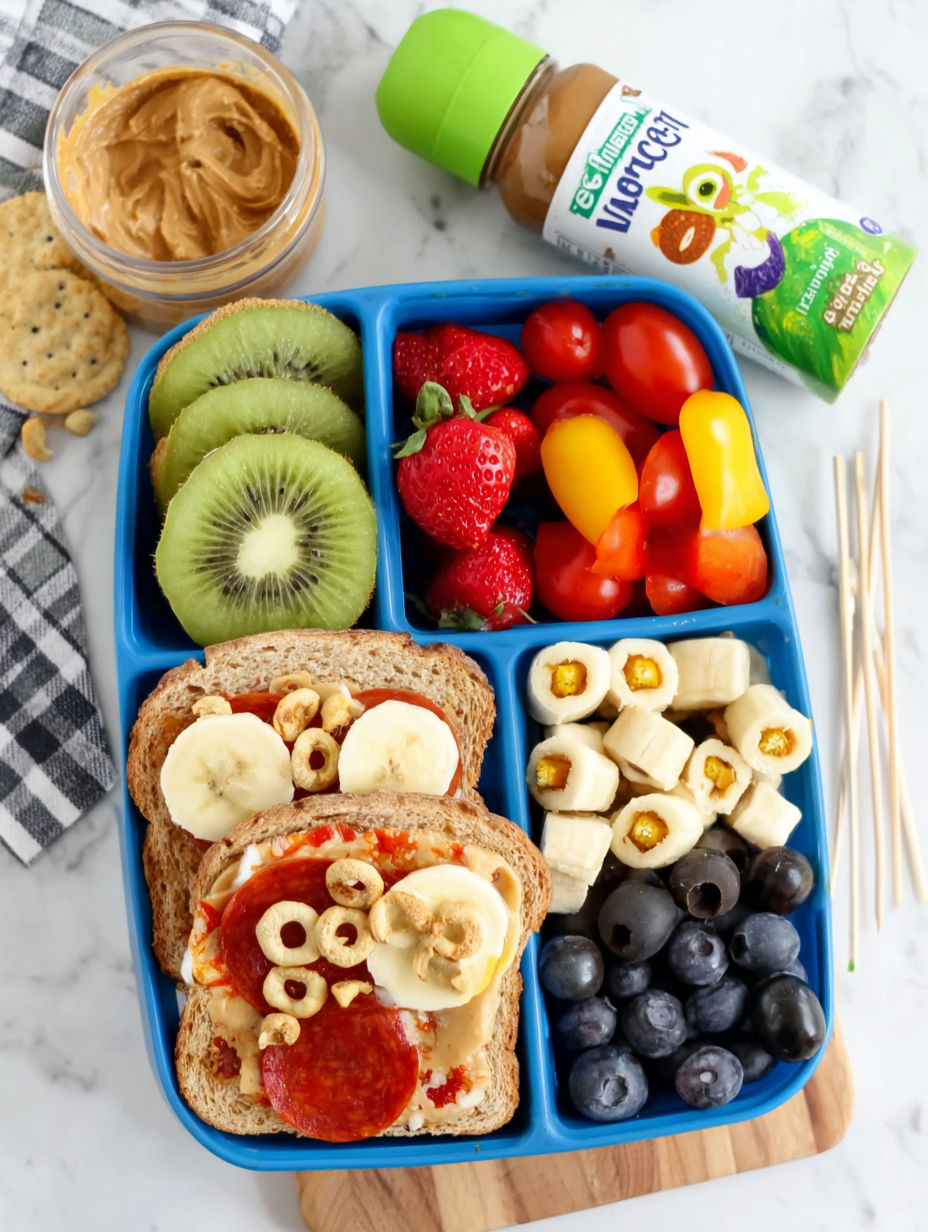 A blue tray with a variety of foods including bananas, strawberries, and blueberries.