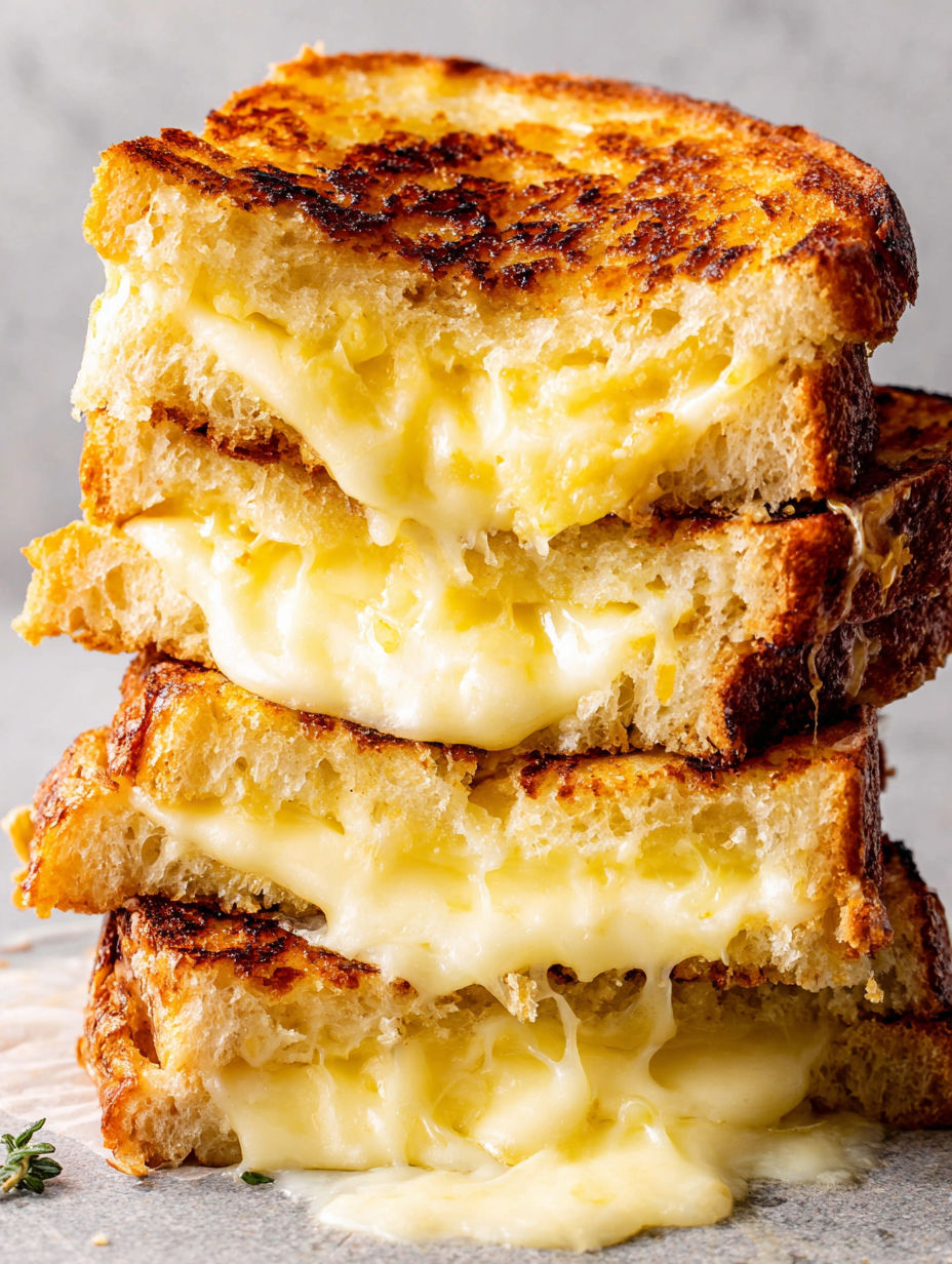 Three grilled cheese sandwiches stacked on top of each other.
