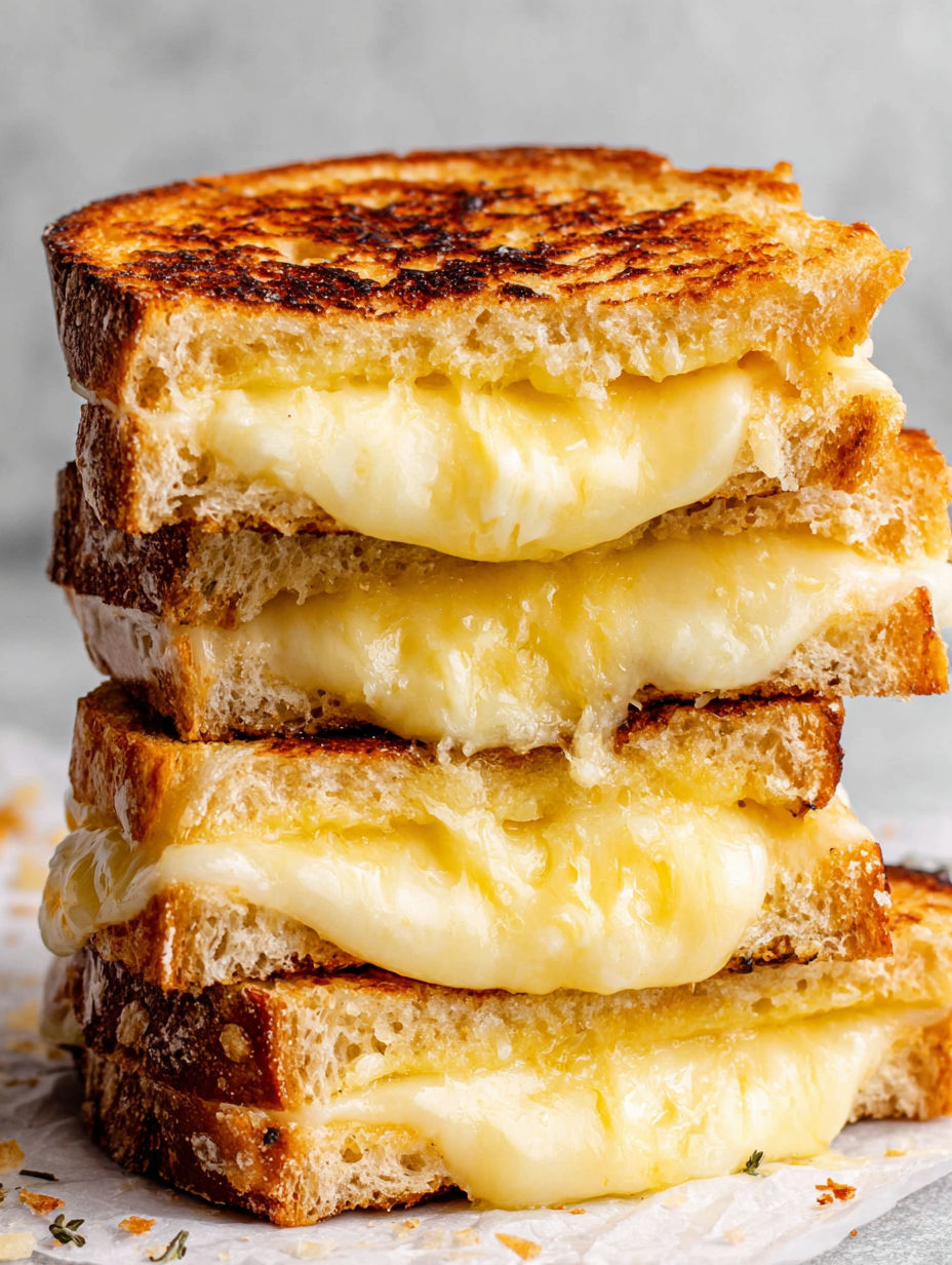 Three grilled cheese sandwiches stacked on top of each other.