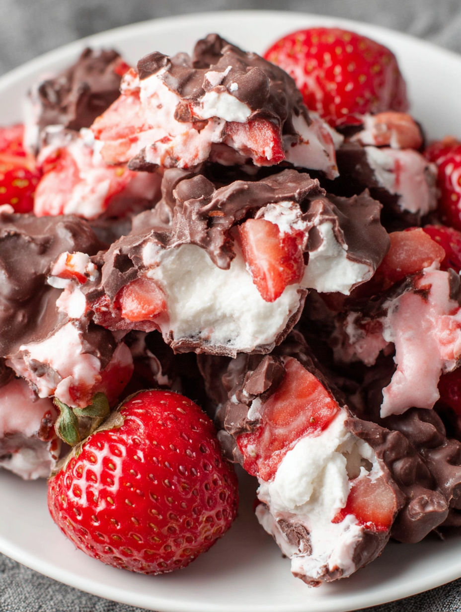 A plate of chocolate strawberry yogurt clusters.