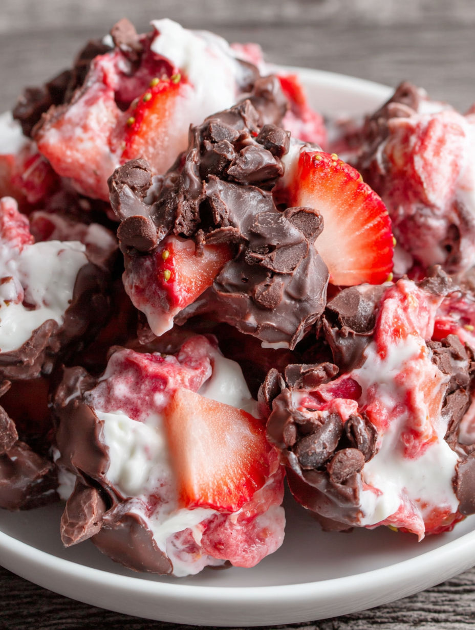 A bowl of chocolate strawberry yogurt clusters.