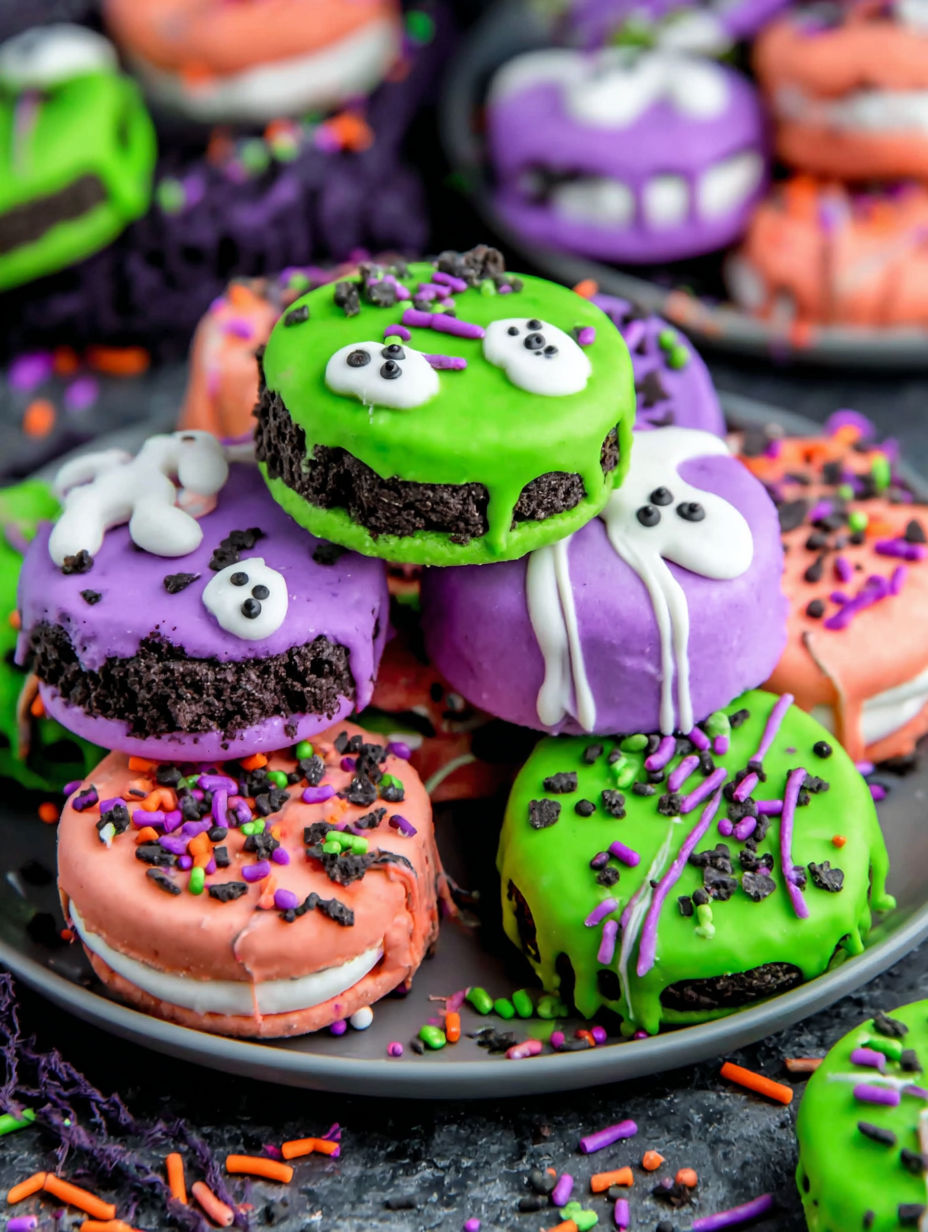 Halloween chocolate covered Oreos on a plate.