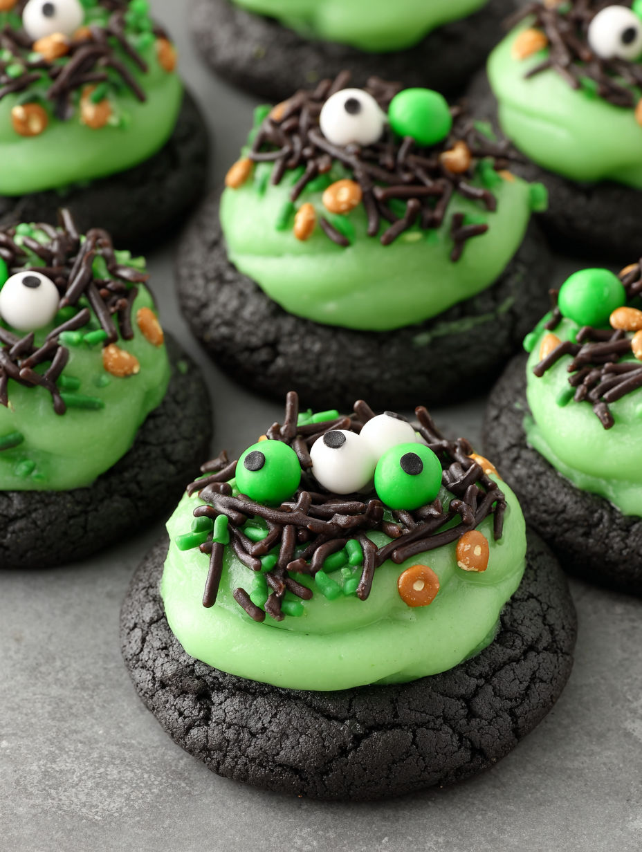 A close up of a green cookie with a spooky face.