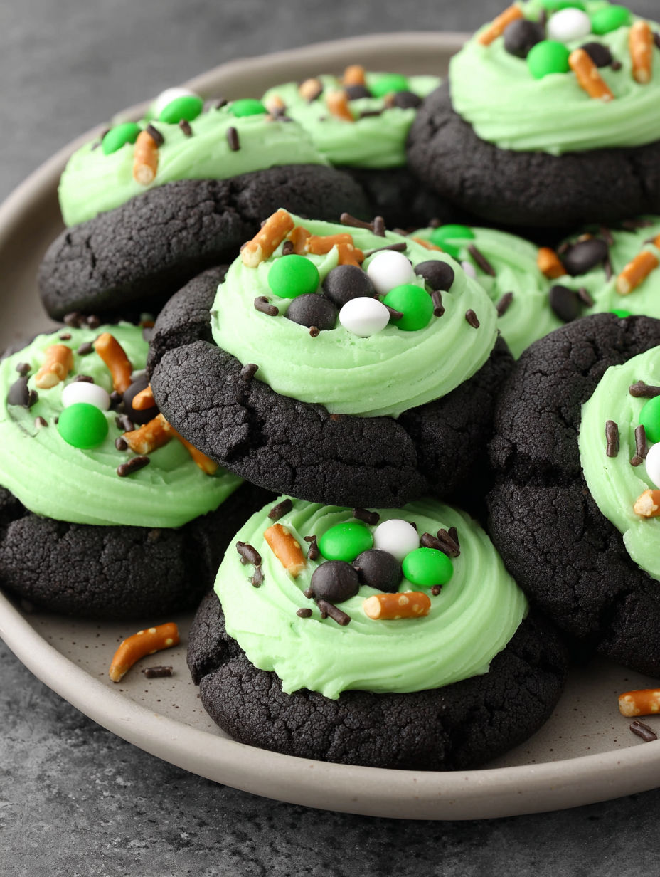 A plate of green and white cookies.