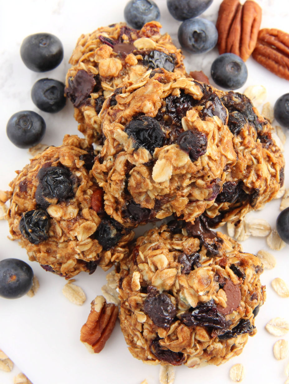 A close up of a blueberry oatmeal cookie.