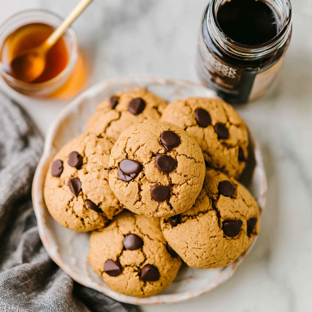A plate of chocolate chip cookies.
