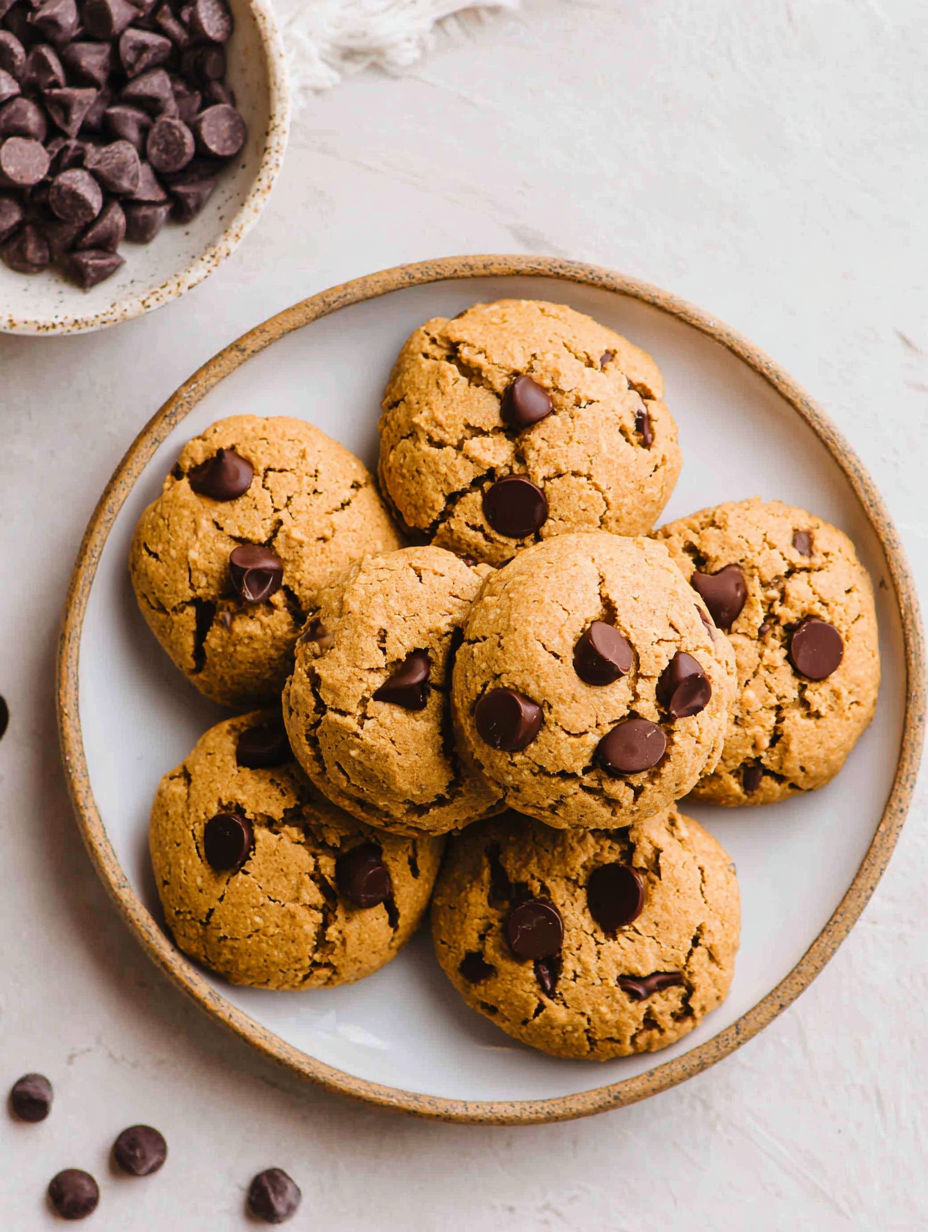 A plate of chocolate chip cookies.