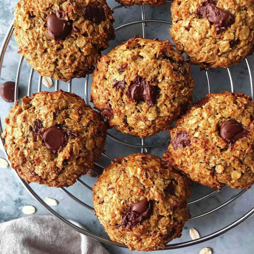 A tray of gluten-free oatmeal chocolate chip cookies.
