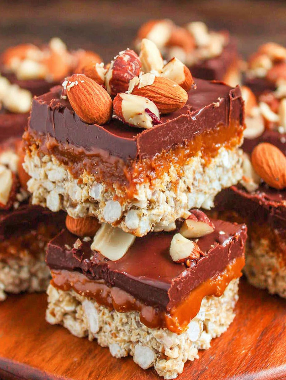 A close up of a chocolate bar with nuts on top.