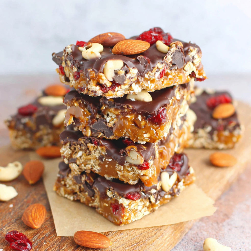 A stack of chocolate and nut granola bars.