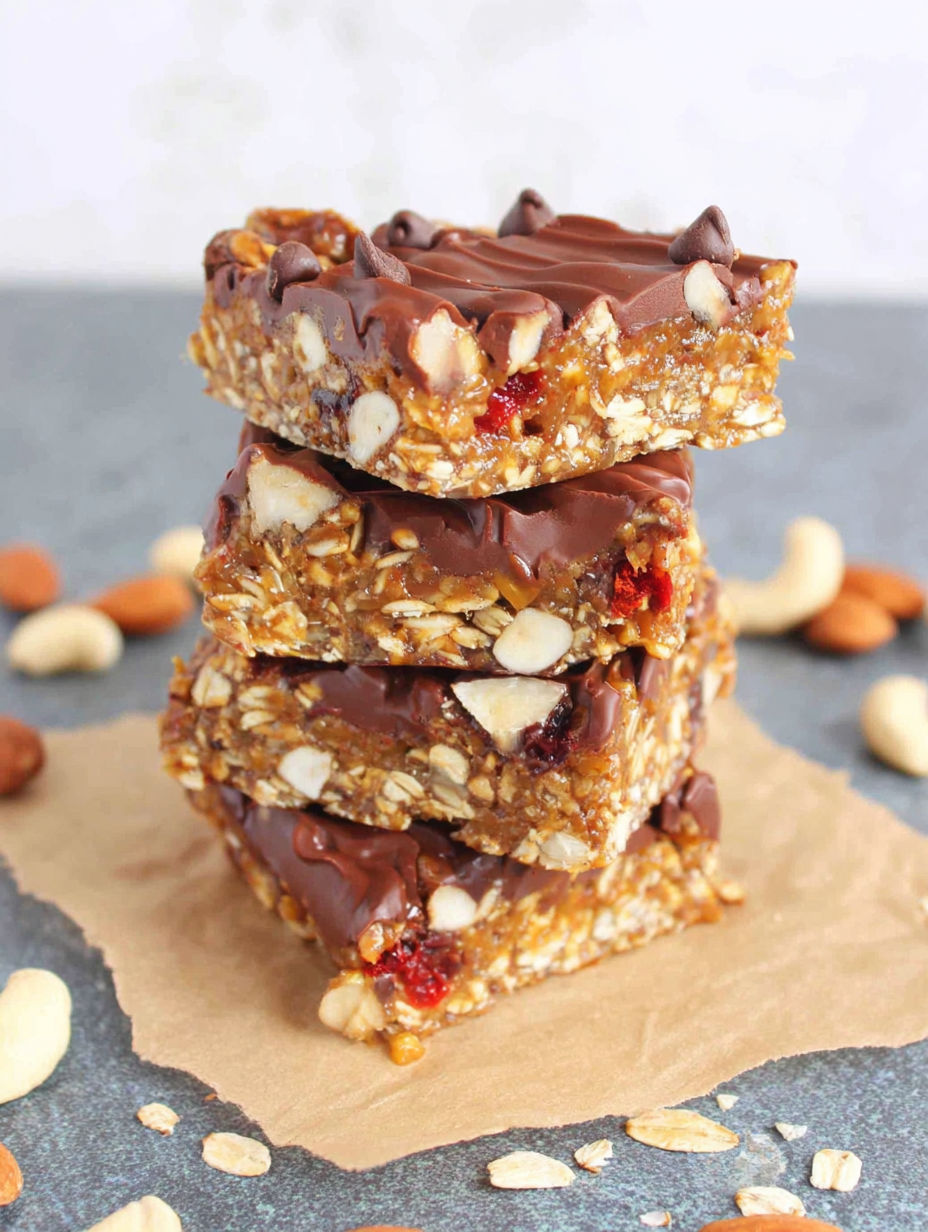 A stack of chocolate and nut covered granola bars.