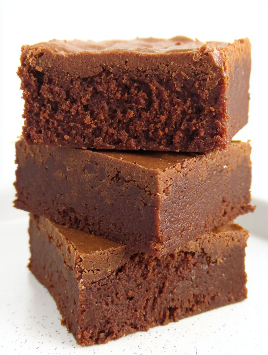 A stack of brownies with chocolate frosting.