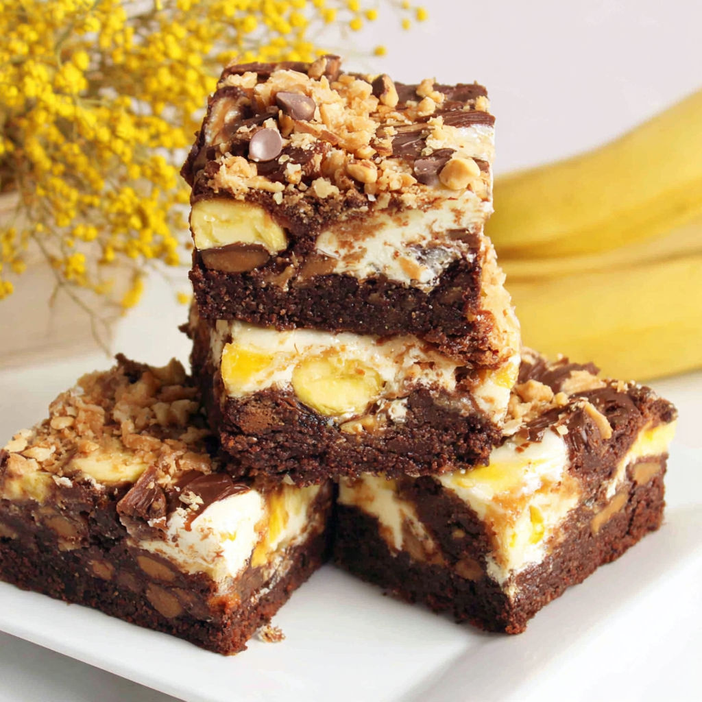 A stack of brownies with bananas on top.