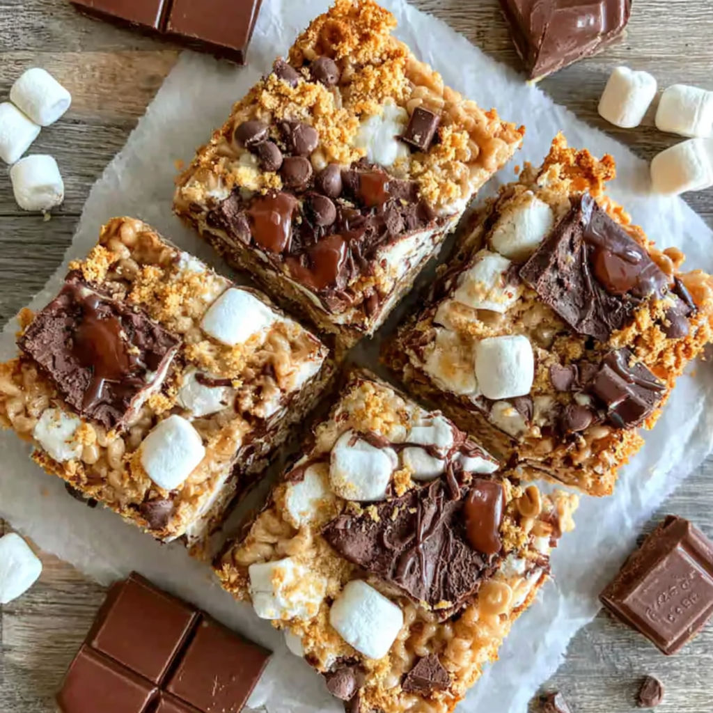 A square of rice krispie treat with marshmallows on top.