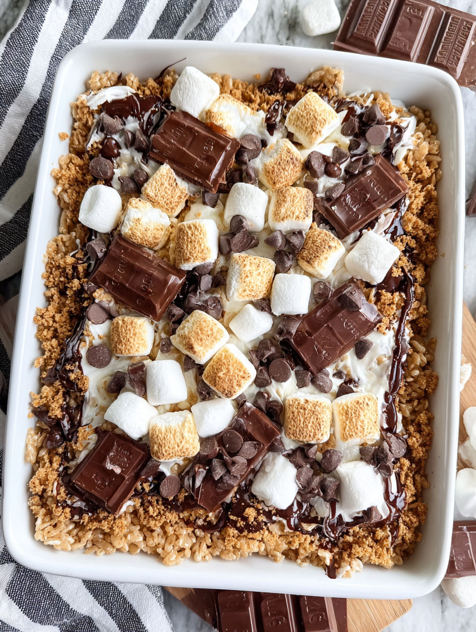 A close up of a rice krispie treat with marshmallows and chocolate.