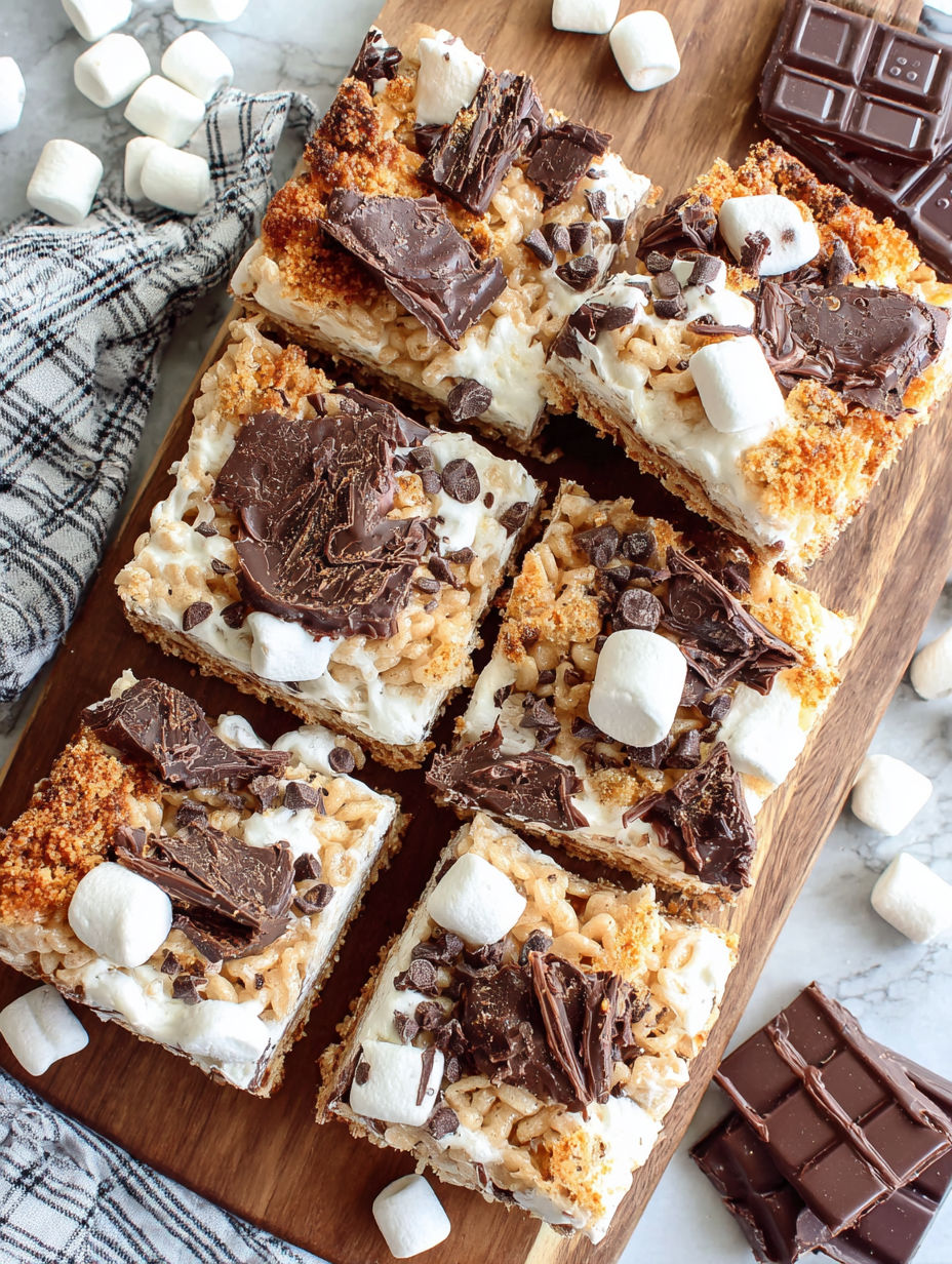 A plate of rice krispie treats with marshmallows on top.