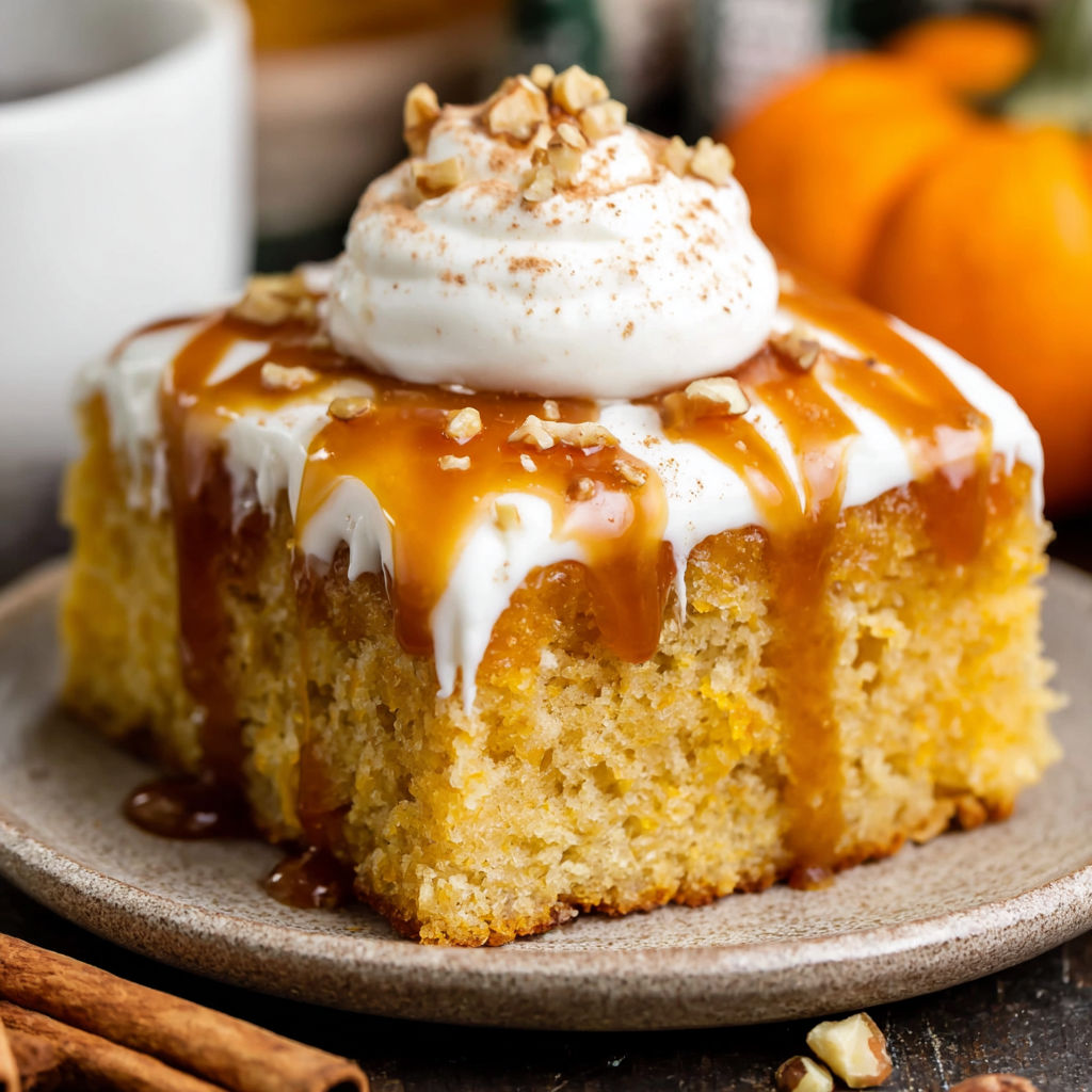 A slice of pumpkin poke cake with white frosting and nuts on top.