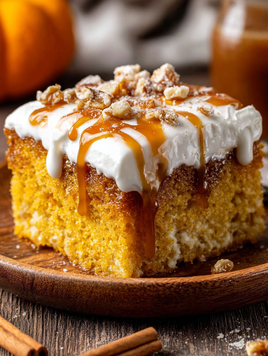 A slice of pumpkin poke cake with white icing and caramel drizzle.