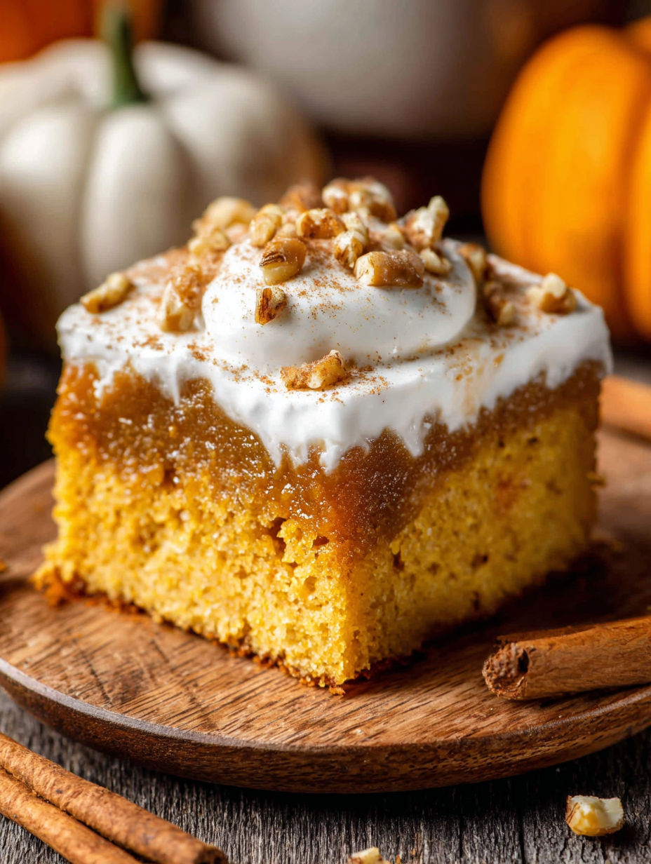 A slice of pumpkin poke cake with white frosting and nuts.