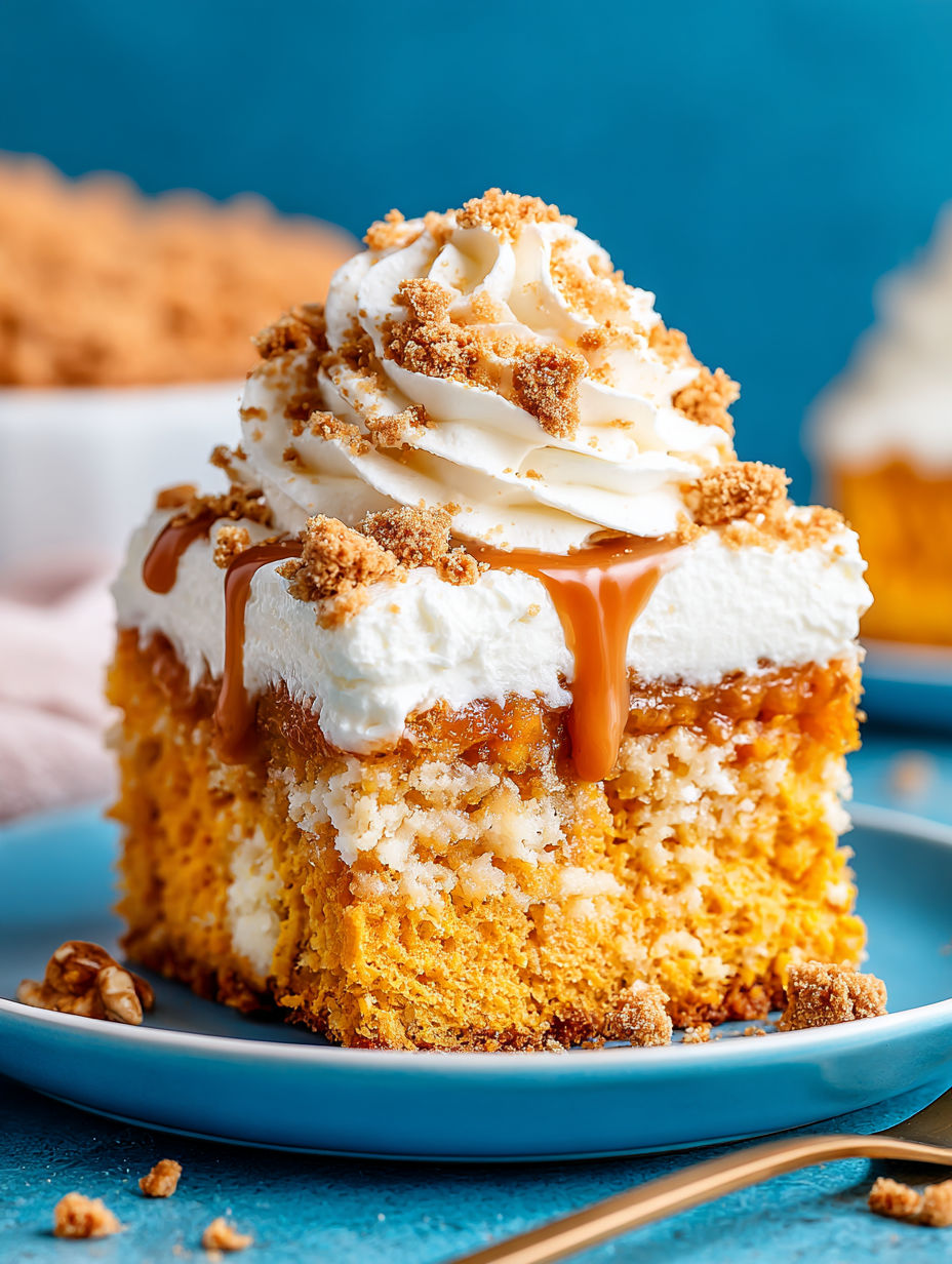 A slice of pumpkin spice poke cake with caramel drizzle.