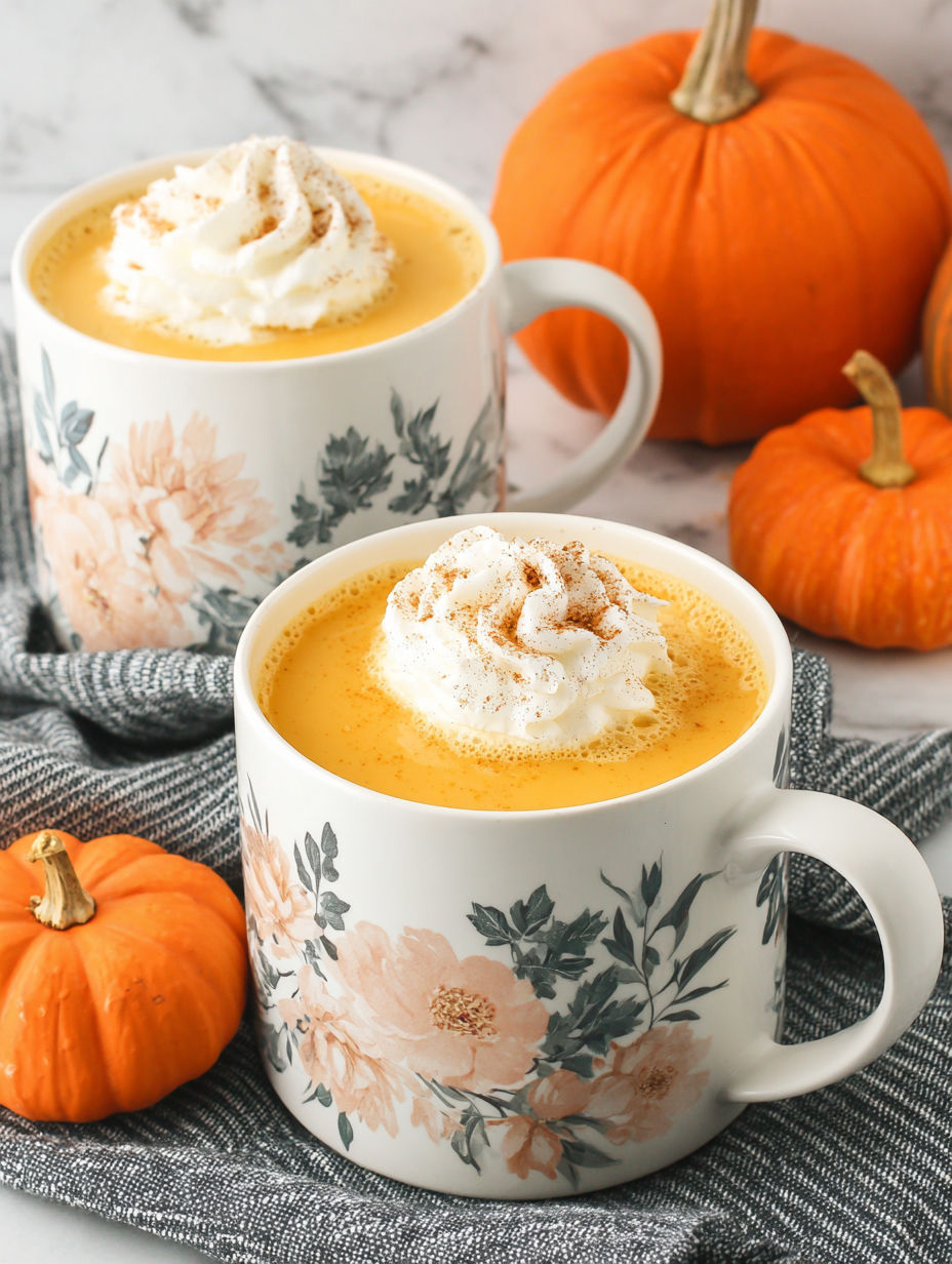 Two cups of pumpkin spice milk with whipped cream on top.