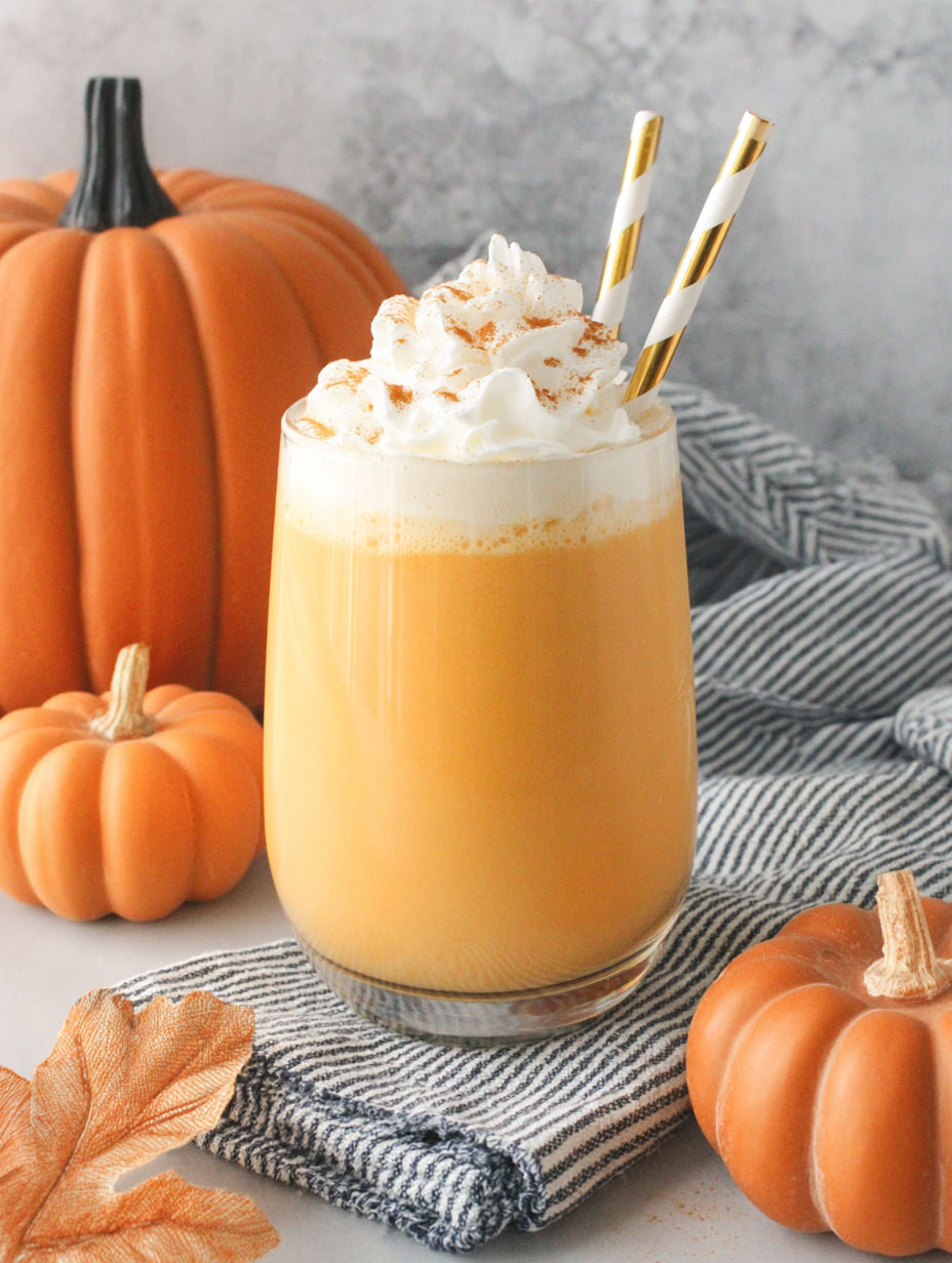 A glass of pumpkin spice milk with a spoon in it.