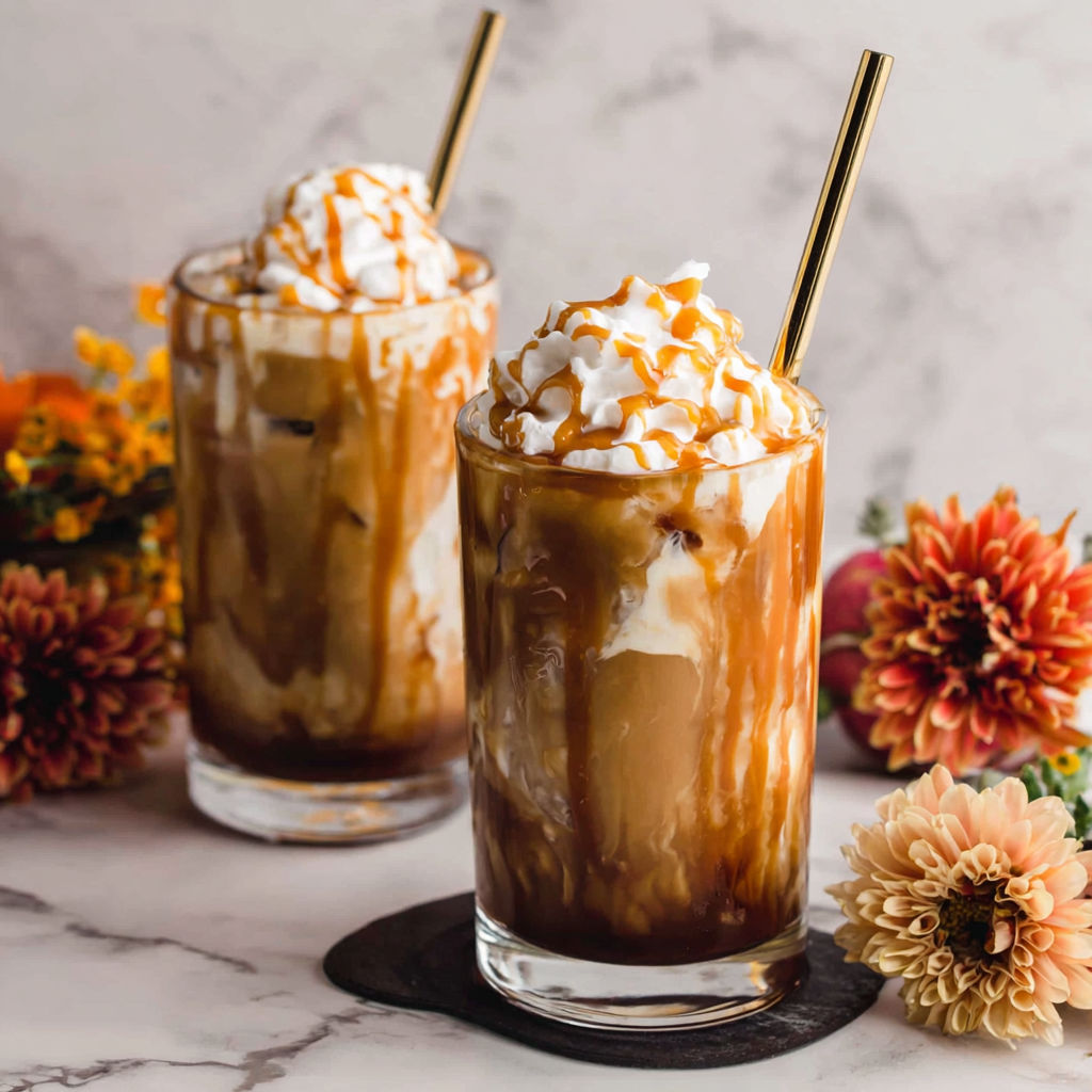 Two glasses of caramel pumpkin spice iced coffee.