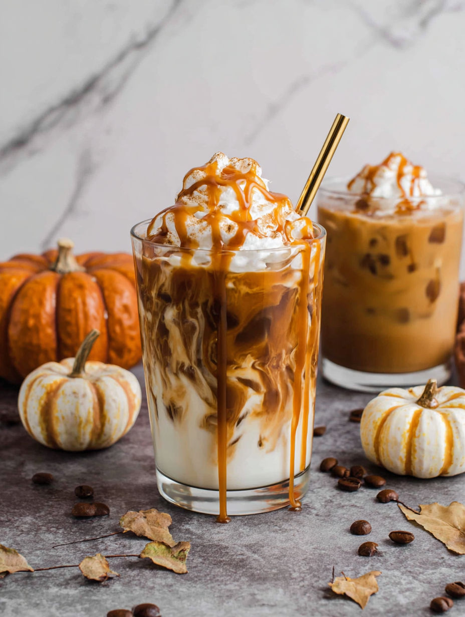 A glass of coffee with a pumpkin on the table.